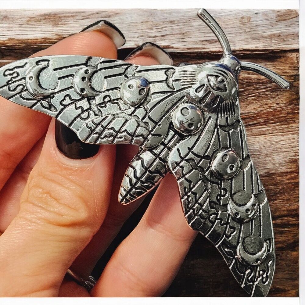Gothic Moon Phase Moth Hair Clip Death Skull Insect Bug Barrett Silver Tone
